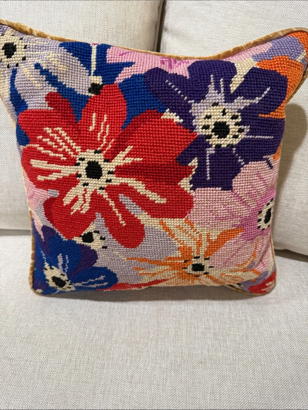 Floral Needlepoint Throw Pillow hand made stitch in Red, Blue & Orange vintage